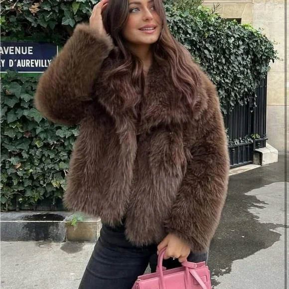 Luxurious Brown Faux Fur Coat shaggy jacket thick winter - Picture 2 of 7